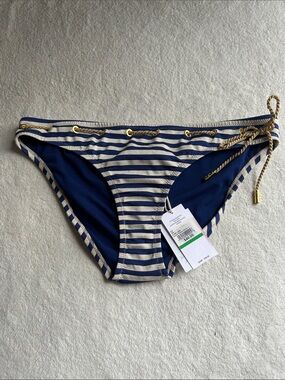Jessica Simpson Navy and Cream Striped Bikini Bottom with Gold Rope Accent